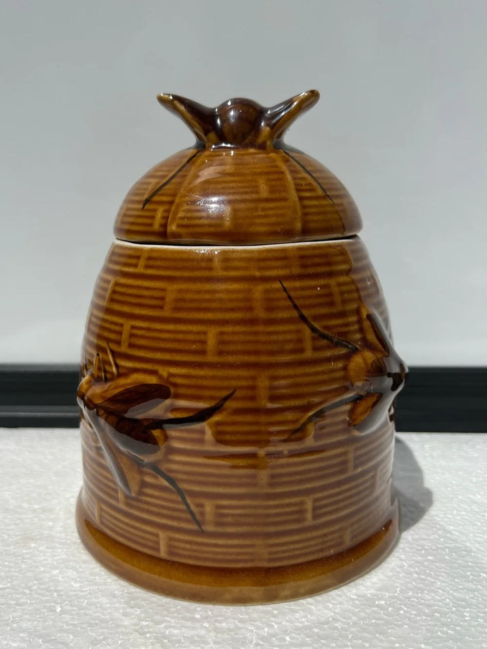 Vintage Bee Hive Honey Pot Jar Large Brown Ceramic with Lid Farmhouse Decor